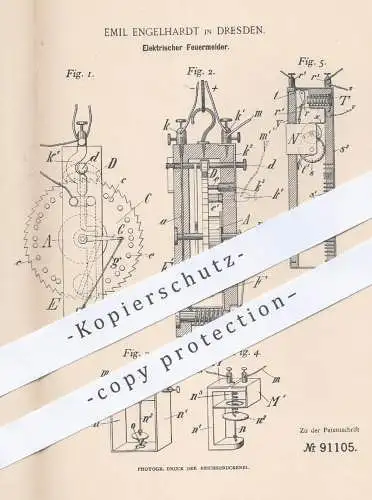 original Patent - Emil Engelhardt , Dresden , 1896 , Elektrischer Feuermelder , Brandmelder | Feuerwehr , Signal !!!