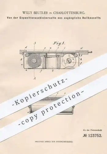 original Patent - Willy Beutler , Berlin Charlottenburg , 1900 , Rollkassette | Kassette , Film , Filmband , Spule !!!