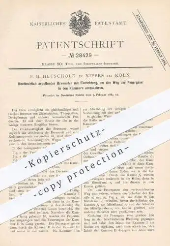 original Patent - F. H. Hetschold , Köln Nippes , 1884 , Brennofen , Brennöfen | Ofen , Öfen , Ofenbauer | Ziegelsteine