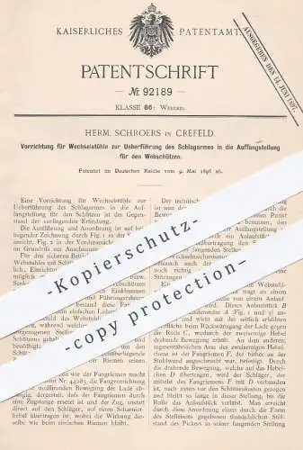 original Patent - Herm. Schroers in Krefeld , 1896 , Schlagarm für Webschützen am Wechselstuhl | Weber , Weben , Weberei