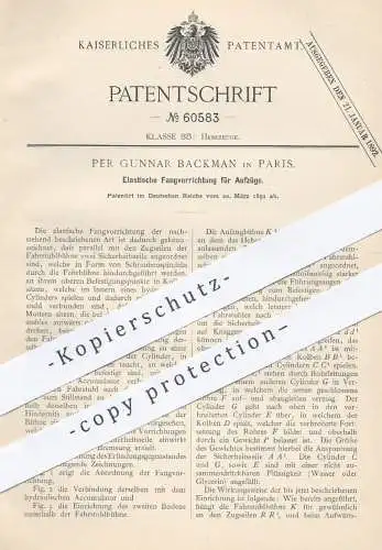 original Patent - Per Gunnar Backman , Paris , 1891 , Fangvorrichtung für Aufzüge | Aufzug , Fahrstuhl , Hebezeuge !!!