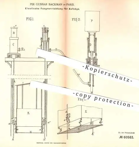 original Patent - Per Gunnar Backman , Paris , 1891 , Fangvorrichtung für Aufzüge | Aufzug , Fahrstuhl , Hebezeuge !!!