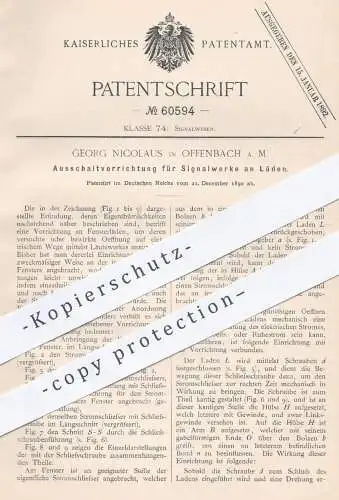 original Patent - Georg Nicolaus , Offenbach / Main , 1890 , Ausschaltvorrichtung für Signalwerke , Signale | Reklame !