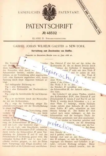 original Patent - Gabriel Johan Wilhelm Galster in New-York , 1888 , Vorrichtung zum Zuschneiden von Stoffen !!!