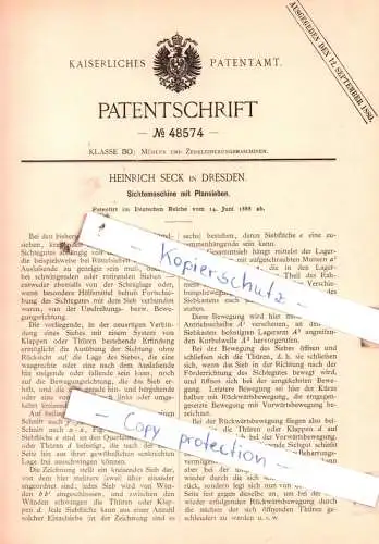 original Patent - Heinrich Seck in Dresden , 1888 , Sichtemaschine mit Plansieben !!!