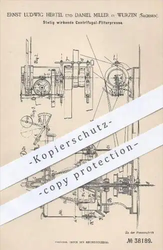 original Patent - E. L. Hertel u. D. Miller , Wurzen , 1886 , Stetig wirkende Zentrifugal - Filterpresse | Presse !!!