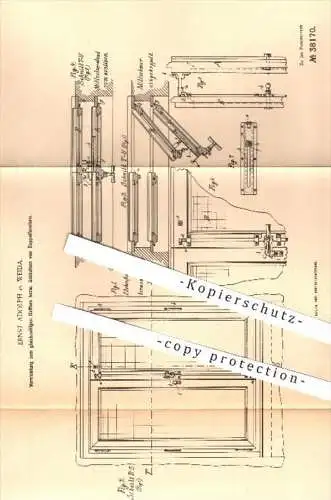 original Patent - Ernst Adolph , Weida , 1886 , gleichzeitiges Öffnen u. Schließen der Doppelfenster | Fenster !!!