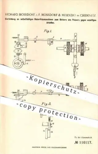 original Patent - Mossdorf & Mehnert , Chemnitz , 1899 , selbsttätige Räder - Fräsmaschine | Fräsen , Fräser , Metall !!