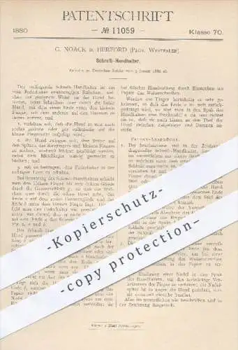 original Patent - G. Noack , Herford , 1880 , Schreibhand - Halter | Schreiben , Schreibfeder , Feder , Federhalter !!