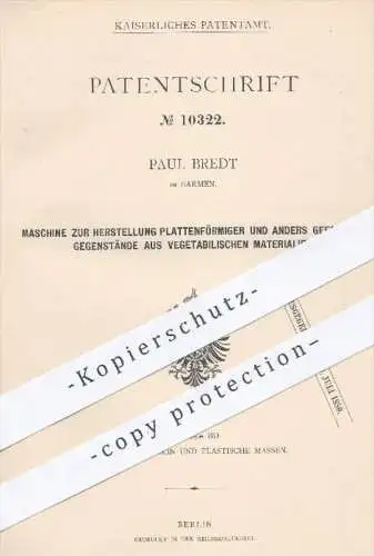 original Patent - Paul Bredt , Barmen , 1879 , Herstellung von Gegenständen aus pflanzlichem Material | Papier , Holz !!