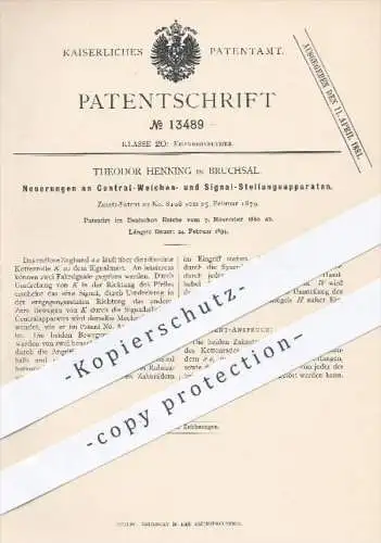 original Patent - Theodor Henning , Bruchsal , 1880 , Stellungsapparat für Signale u. Weichen - Eisenbahn | Eisenbahnen