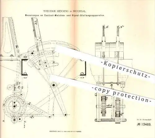 original Patent - Theodor Henning , Bruchsal , 1880 , Stellungsapparat für Signale u. Weichen - Eisenbahn | Eisenbahnen