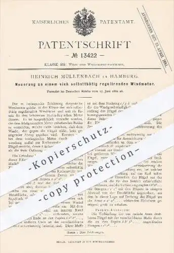 original Patent - H. Müllenbach , Hamburg , 1880 , selbst regulierender Windmotor | Windkraft , Kraftmaschinen , Motor !