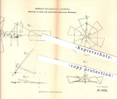 original Patent - H. Müllenbach , Hamburg , 1880 , selbst regulierender Windmotor | Windkraft , Kraftmaschinen , Motor !