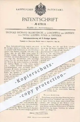 original Patent - L. R. Blumstengel , Loschwitz | E. L. Röhn Dresden , 1892 , Schraubensicherung mit S-förmiger Spreize