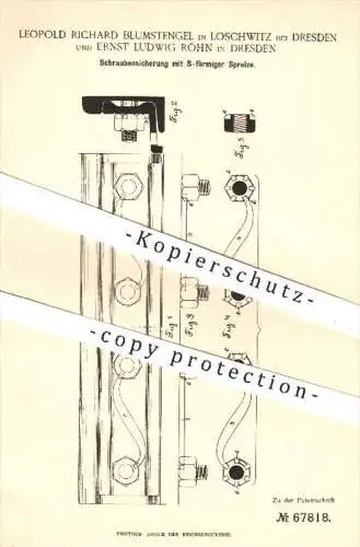 original Patent - L. R. Blumstengel , Loschwitz | E. L. Röhn Dresden , 1892 , Schraubensicherung mit S-förmiger Spreize