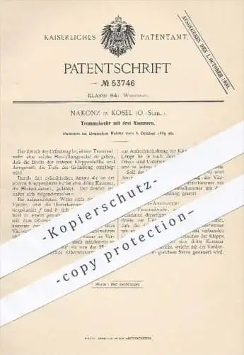 original Patent - Nakonz in Kosel , Schlesien , 1889 , Trommelwehr mit drei Kammern  | Wehr , Wasser , Wasserdruck !!!