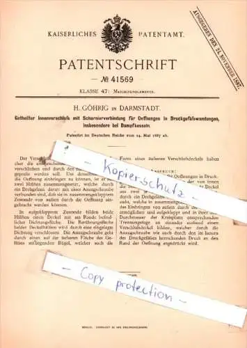 Original Patent  - H. Göhrig in Darmstadt , 1887 , Maschinenelemente !!!