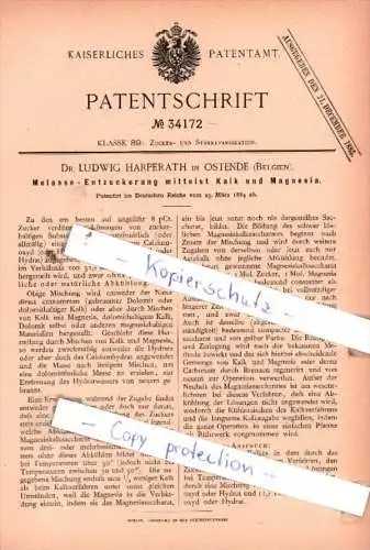 Original Patent  - Dr. L. Harperath in Ostende , Belegien , 1884 , Melasse - Entzuckerung !!!