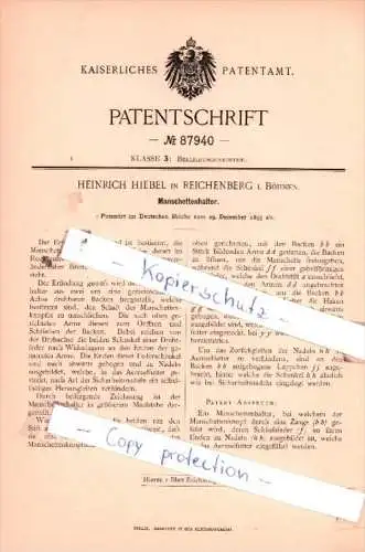 Original Patent  - Heinrich Hiebel in Reichenberg i. Böhmen , 1895 , Manschettenhalter !!!