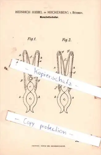 Original Patent  - Heinrich Hiebel in Reichenberg i. Böhmen , 1895 , Manschettenhalter !!!