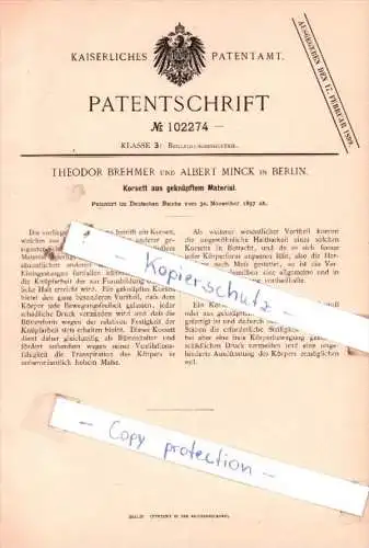 Original Patent  - Theodor Brehmer und Albert Minck in Berlin , 1897 , Bekleidungsindustrie !!!