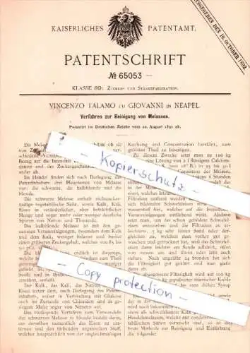 Original Patent  - Vincenzo Talamo fu Glovanni in Neapel , 1891 , Reinigung von Melassen !!!