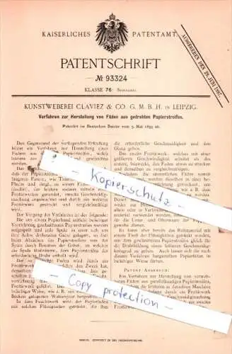 Original Patent  - Kunstweberei Claviez & Co. G. M. H. in Leipzig , 1895 , Spinnerei !!!