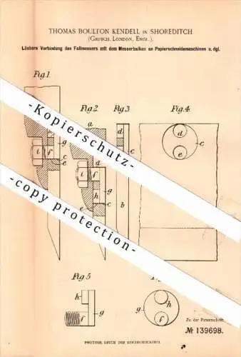 Original Patent - Thomas Boulton Kendell in Shoreditch , London , 1902 , Guillotine for paper cutting machine , Hackney