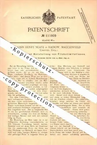 Original Patent - John Henry Neave in Rainow , Macclesfield , 1899 , Manufacture of felt hats !!!