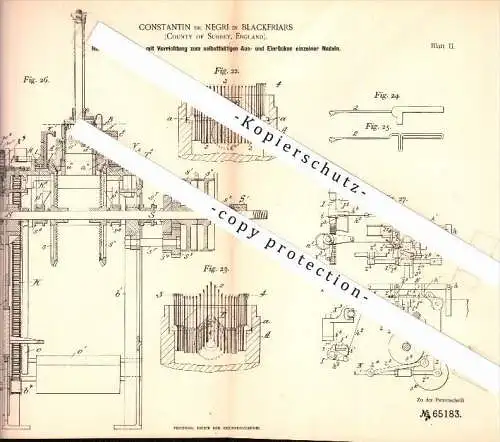 Original Patent - Constantin de Negri in Blackfriars , County of Surrey , 1890 , knitting machine , knitwear factory !!!