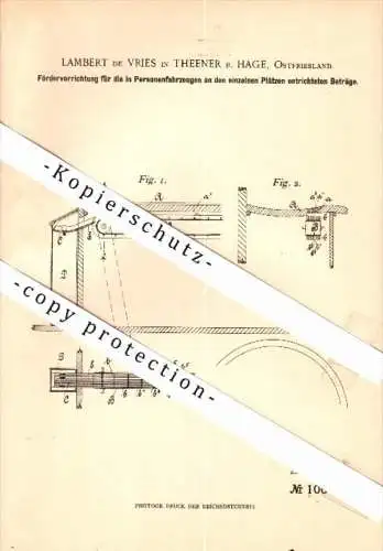 Original Patent - Lambert de Vries in Theener b. Hage , 1898 , Geldeinzahler für Automobile , Busse , Taxi , Bus !!!