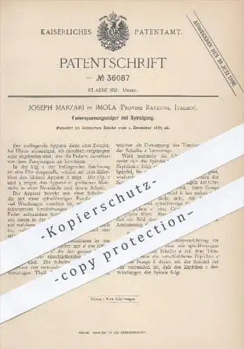 original Patent - Joseph Marzari , Imola , Provinz Ravenna , Italien , 1885 , Federspannungszeiger mit Spiralgang , Uhr