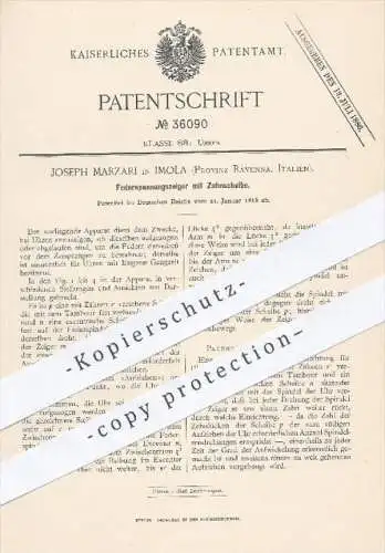 original Patent - Joseph Marzari in Imola , Prinz Ravenna , Italien , 1886 , Federspannungszeiger mit Zahnscheibe !!!