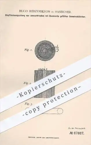 original Patent - Hugo Herzenskron , Hannover , Stopfbüchsenpackung aus mit Baumwolle gefüllten Gummischläuchen !!!