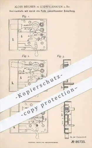 original Patent - A. Megner , Ludwigshafen , 1895 , Vexierschloss mit durch die Falle auszulösender Zuhaltung , Schloss