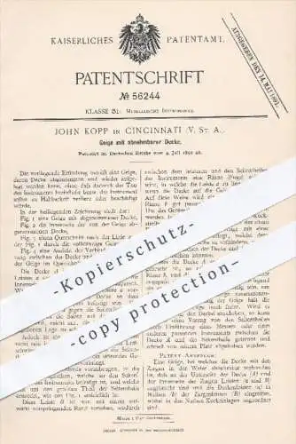 original Patent - John Kopp in Cincinnati , USA , 1890 , Geige mit abnehmbarer Decke , Geigen , Musikinstrumente , Musik