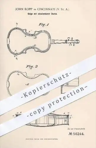 original Patent - John Kopp in Cincinnati , USA , 1890 , Geige mit abnehmbarer Decke , Geigen , Musikinstrumente , Musik