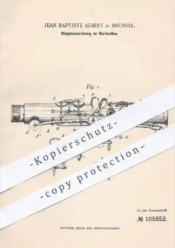 original Patent - Jean Baptiste Albert , Brüssel , 1896 , Klappenanordnung an Klarinetten , Klarinette , Musikinstrument