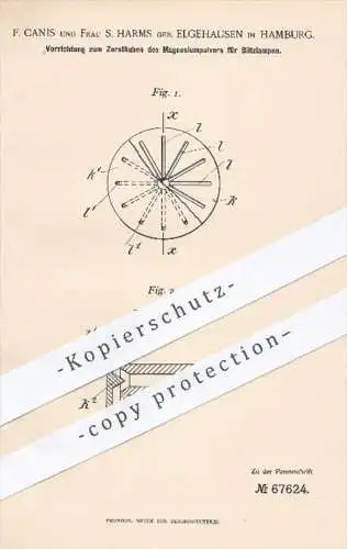 original Patent - F. Canis , S. Harms geb. Elgehausen , Hamburg , 1892 , Zerstäuben von Magnesiumpulver für Blitzlampen