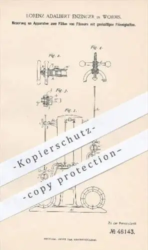 original Patent - L. A. Enzinger , Worms , 1888 , Apparat zum Füllen von Fässern mit gashaltigen Flüssigkeiten !!!