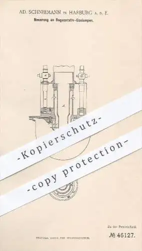 original Patent - Ad. Schneemann , Harburg / Elbe , 1888 , Regenerativ - Gaslampen , Gaslampe , Gas , Lampe , Lampen !!!