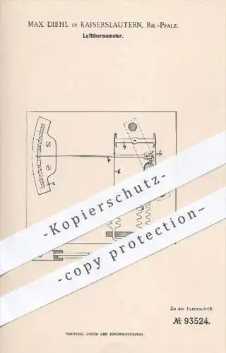 original Patent - Max Diehl in Kaiserslautern , 1896 , Luftthermometer , Thermometer , Temperatur , Luft !!!