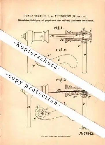 Original Patentschrift - Franz Viegener in Attendorn i. Westf., 1886, Türdrücker , Türen- und Fensterbau , Tür , Schloss