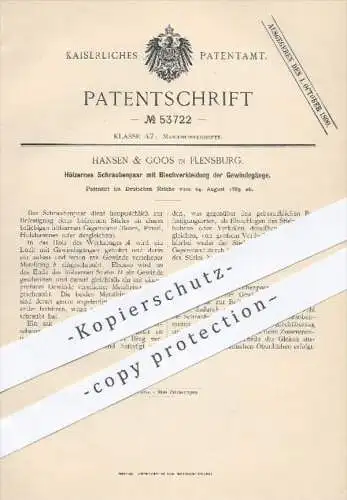 original Patent - Hansen & Goos in Flensburg , 1889 , Hölzernes Schraubenpaar mit Blechverkleidung der Gewindegänge !!