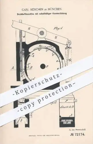 original Patent - Carl Menchen in München , 1892 , Drahtheftmaschine mit selbsttätiger Klammerbildung , Buchbinder !!!