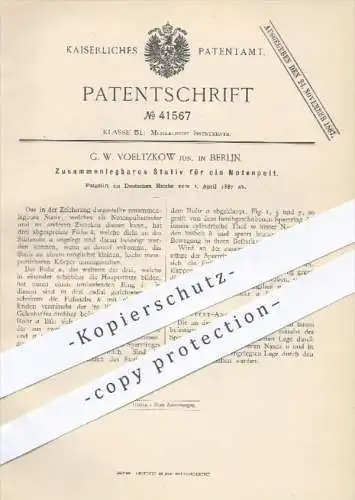 original Patent - G. W. Voeltzkow , Berlin , 1887 , Zusammenlegbares Stativ für ein Notenpult , Pult , Musikinstrumente