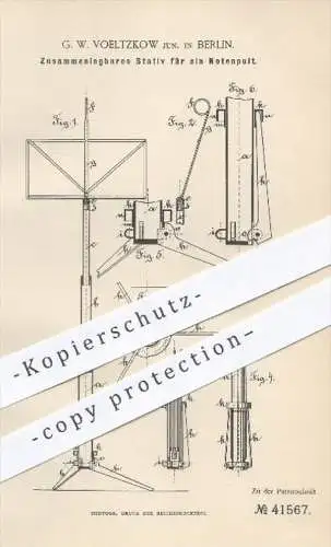 original Patent - G. W. Voeltzkow , Berlin , 1887 , Zusammenlegbares Stativ für ein Notenpult , Pult , Musikinstrumente