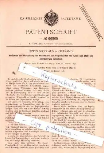 Original Patent  - Erwin Nicolaus in Ortrand , 1891 , Herstellung von Rostmalerei !!!