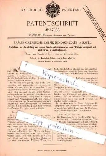 Original Patent  - Basler Chemische Fabrik Bindschedler in Basel , 1895 , Chemische Apparate !!!